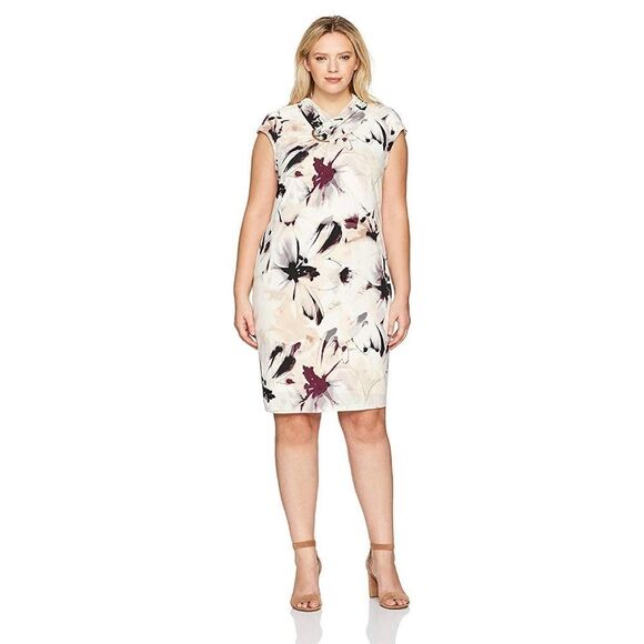 New! CALVIN KLEIN Women's Plus Size Twist-Collar Floral Jersey Sheath Dress 2X - Picture 1 of 8